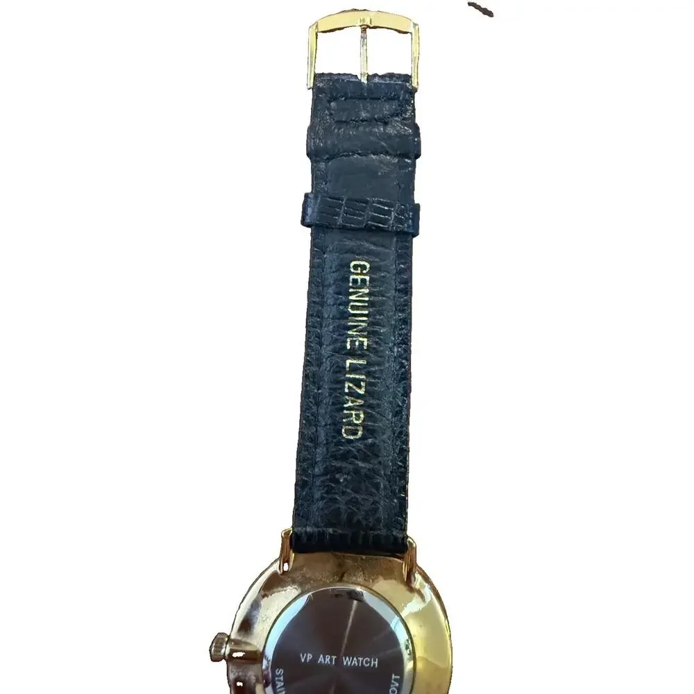Vintage VP Picasso Art Watch 32mm Gold Black Lizard Strap Quartz. New Battery